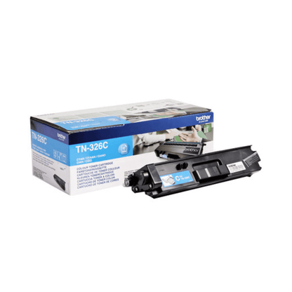 Μια κυανούν κασέτα τόνερ από Brother Toner για Brother HL-L8250/MFC-L8600 δίπλα στο κουτί συσκευασίας που περιέχει εικόνες και προδιαγραφές προϊόντος.