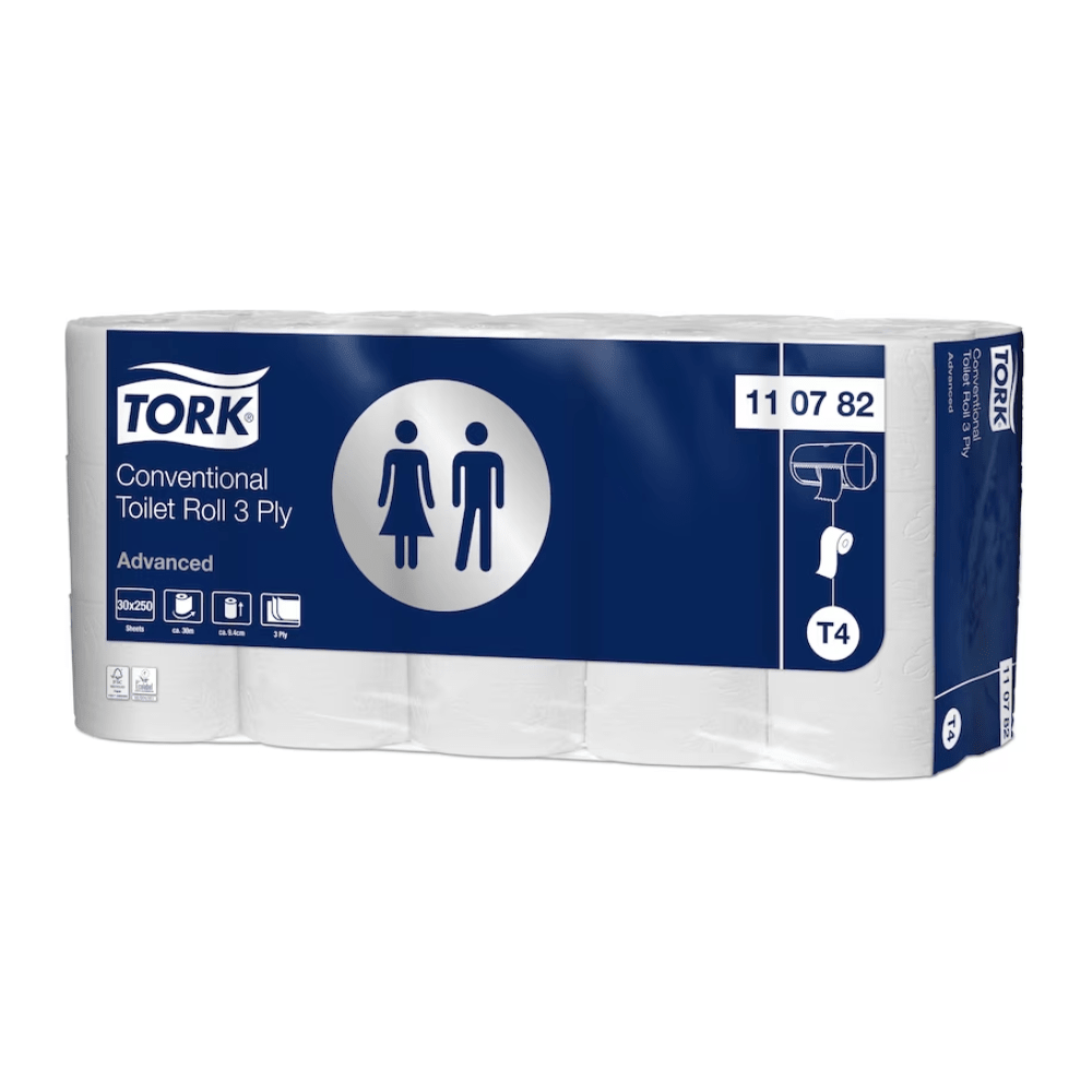 Ένα κουτί Tork 110782 έξτρα μαλακό χαρτί υγείας μικρού ρολού Advanced T4 περιέχει 30 ρολά. Η συσκευασία είναι κυρίως σε μπλε και άσπρα χρώματα και φέρει τα σύμβολα ενός άντρα και μιας γυναίκας για να υποδείξει τη χρήση ως προϊόν μπάνιου. Στην ετικέτα αναγράφεται «3-στρώσεων έξτρα μαλακό χαρτί υγείας», που εγγυάται τόσο άνεση όσο και ποιότητα.