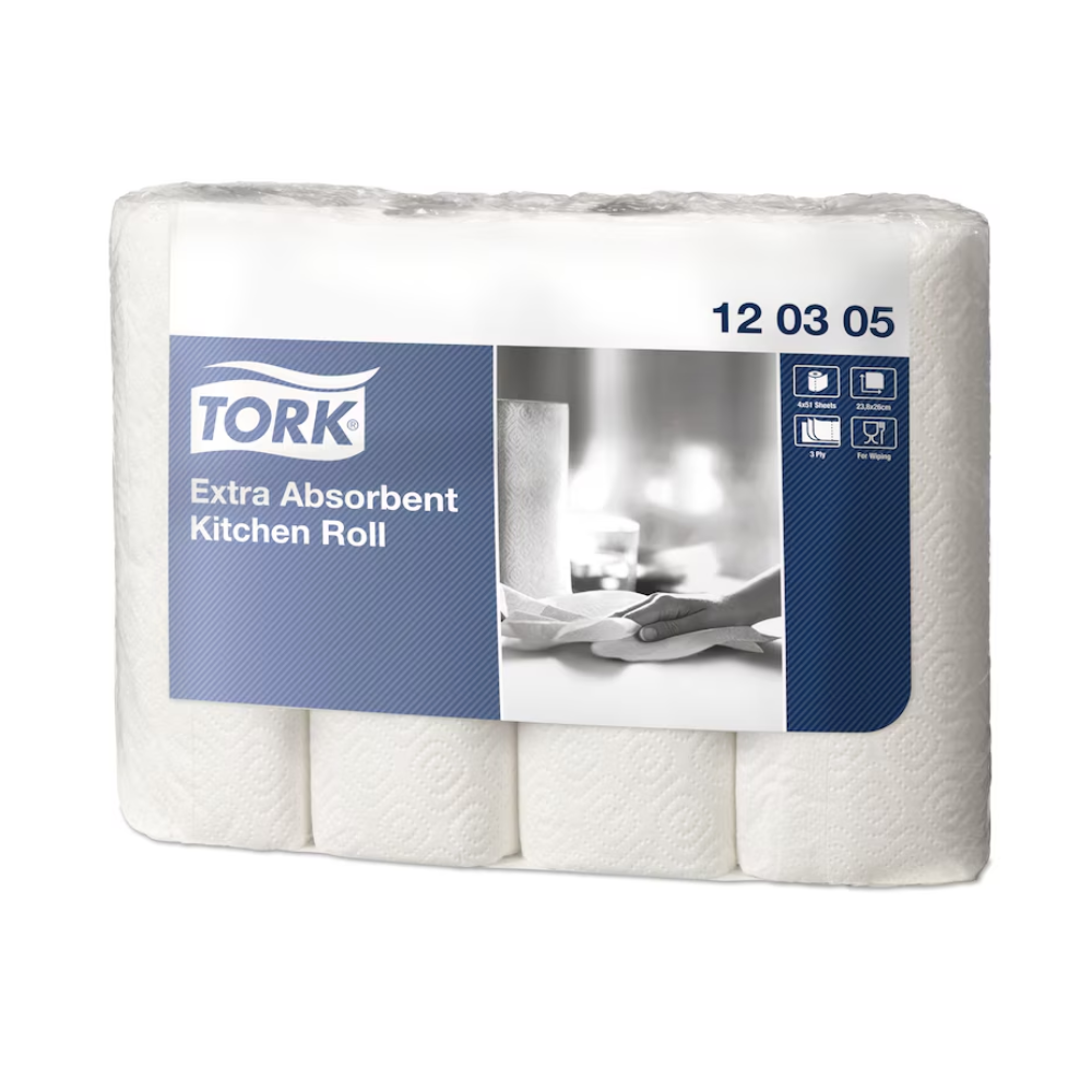 Eine Schachtel Tork 120305 extra-saugfähige Küchenrolle Premium 3-lagig, hergestellt von TORK – Essity Professional Hygiene Germany GmbH, enthält 48 Rollen. Die überwiegend weiße Verpackung mit blauen Highlights zeigt ein Produktbild, ein Logo und Verwendungssymbole. Das Etikett „120305“ betont das extra saugfähige Design.
