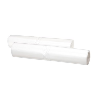 Δύο ρολά διαφανών σακουλών απορριμμάτων Tork 204060 από ανακυκλωμένο υλικό τοποθετούνται δίπλα-δίπλα μπροστά από ένα απλό λευκό φόντο.