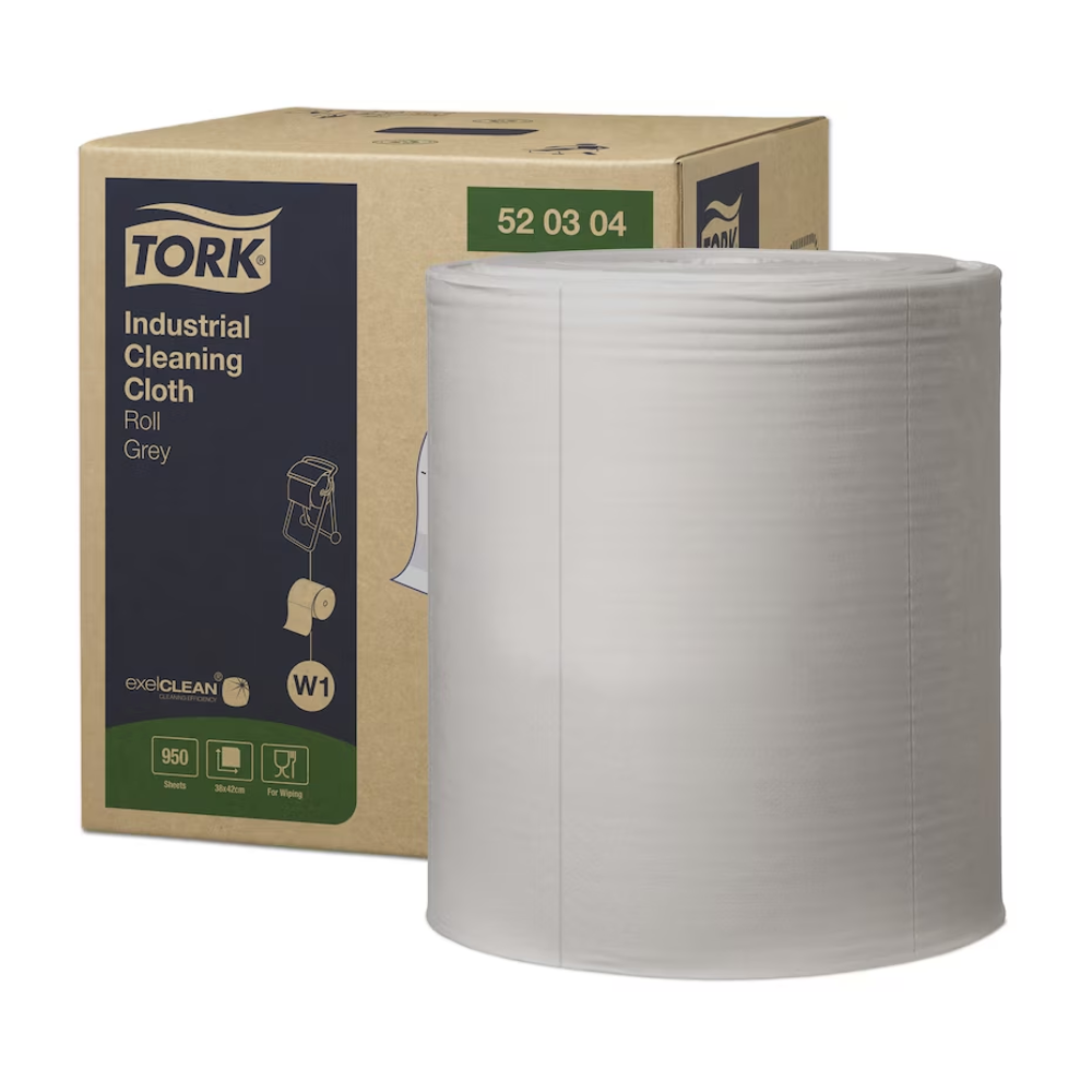 Απεικονίζεται ένα μεγάλο ρολό γκρι βιομηχανικών πανιών καθαρισμού Tork 520304 σε ένα κουτί με την επιγραφή «TORK – Essity Professional Hygiene Germany GmbH». Επάνω υπάρχει ένα χέρι που τραβάει ένα πανί, ιδανικό για την αφαίρεση λαδιού, λίπους και βρωμιάς.