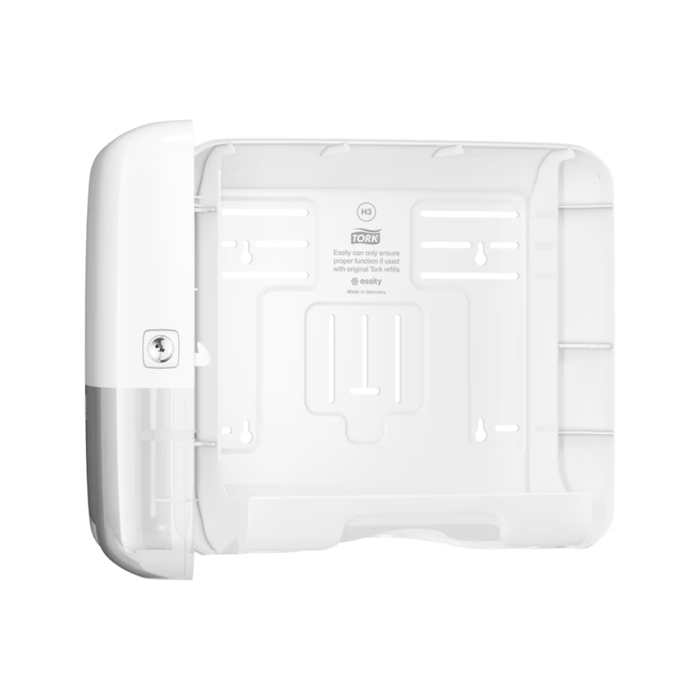 Ο Tork 553100 Mini-διανομέας για ζιγκ-ζαγκ πετσέτες διαθέτει κομψό σχέδιο Elevation και κλειδαριά στην αριστερή πλευρά. Μέσω της ανοιχτής μπροστινής πλάκας έχετε πρόσβαση στις υποδοχές τοποθέτησης και μπορείτε να βρείτε οδηγίες στο εσωτερικό. Έτσι, είναι ιδανικός για τη συμβατότητα με ζιγκ-ζαγκ πετσέτες. Αυτό το προϊόν σας παρέχεται από την TORK, μια εταιρεία της Essity Professional Hygiene Germany GmbH.