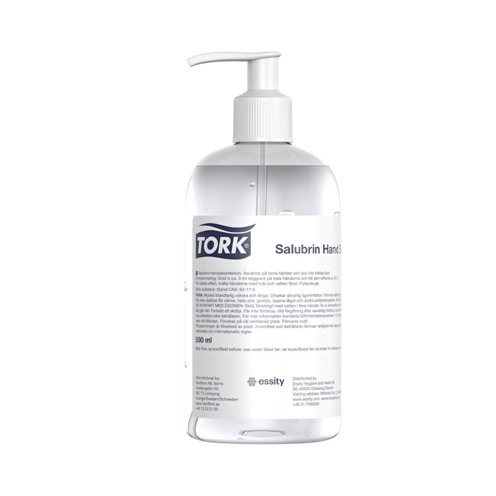 Το Tork 911103 Salubrin Gel Απολύμανσης Χεριών Premium, διαθέσιμο σε κουτί με οκτώ φιάλες, είναι ένα διάφανο πλαστικό μπουκάλι με αντλία που περιέχει 350 ml απολυμαντικού χεριών με 70% αλκοόλ για αποτελεσματική χρήση. Με την πολυγλωσσική του σήμανση και το λευκό καπάκι και αντλία, αυτό το προϊόν διανέμεται από την Essity Professional Hygiene Germany GmbH με την εμπορική ονομασία TORK. Έχει σχεδιαστεί για την αποτελεσματική καταπολέμηση των ιογενών περιβλημάτων.