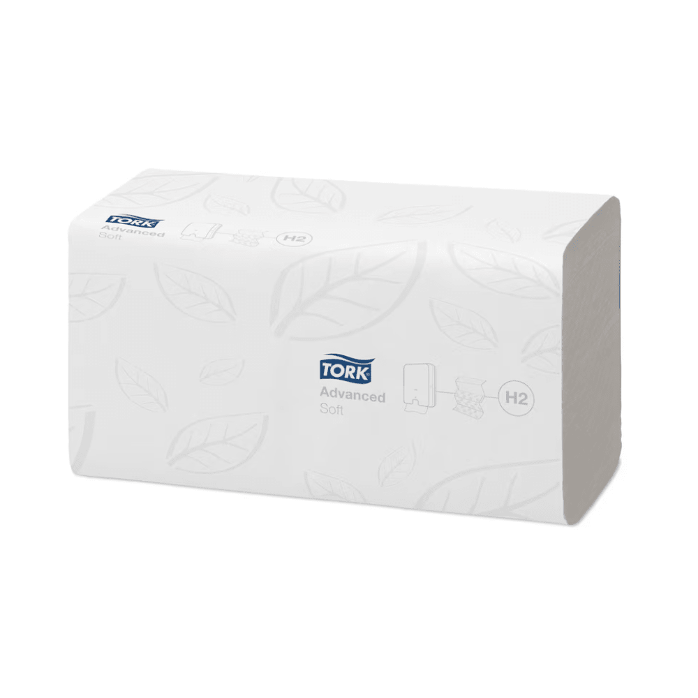 Οι Tork Xpress® 120398 μαλακές πολλαπλών πτυχών πετσέτες χεριών Advanced H2 2-στρώσεων, μεγέθους 25,6 cm και συσκευασμένες σε κουτί με 21 συσκευασίες, φέρουν το λογότυπο TORK και την ένδειξη «H2». Η συσκευασία με διακριτικό μοτίβο φύλλων αναδεικνύει αυτές τις πολλαπλών πτυχών πετσέτες από ανακυκλωμένες ίνες από την Essity Professional Hygiene Germany GmbH και προσφέρει τόσο βιωσιμότητα όσο και στυλ.