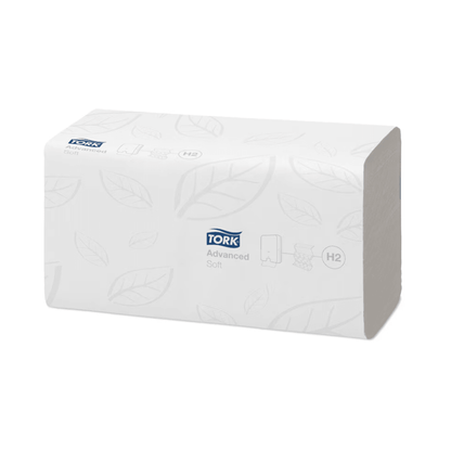 Οι Tork Xpress® 120398 μαλακές πολλαπλών πτυχών πετσέτες χεριών Advanced H2 2-στρώσεων, μεγέθους 25,6 cm και συσκευασμένες σε κουτί με 21 συσκευασίες, φέρουν το λογότυπο TORK και την ένδειξη «H2». Η συσκευασία με διακριτικό μοτίβο φύλλων αναδεικνύει αυτές τις πολλαπλών πτυχών πετσέτες από ανακυκλωμένες ίνες από την Essity Professional Hygiene Germany GmbH και προσφέρει τόσο βιωσιμότητα όσο και στυλ.