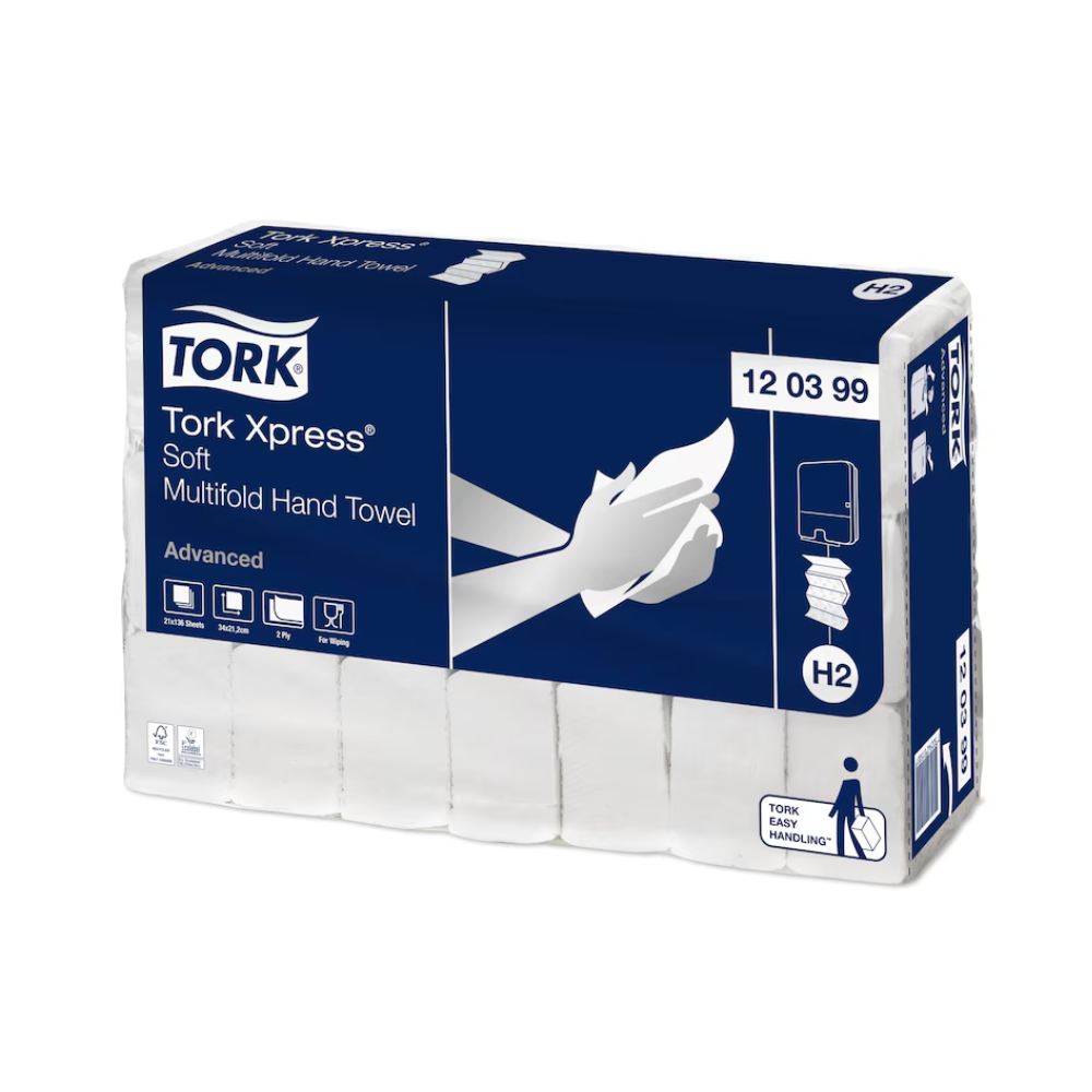 Πακέτο με Tork Xpress® 120399 Soft Multifold-Handtuch, επισημασμένο σε μπλε-λευκή συσκευασία με μια εικόνα χεριών και ενός διανομέα πετσετών. Φέρει την ονομασία «Advanced H2» και περιέχει 21 πακέτα από ανακυκλωμένες ίνες.