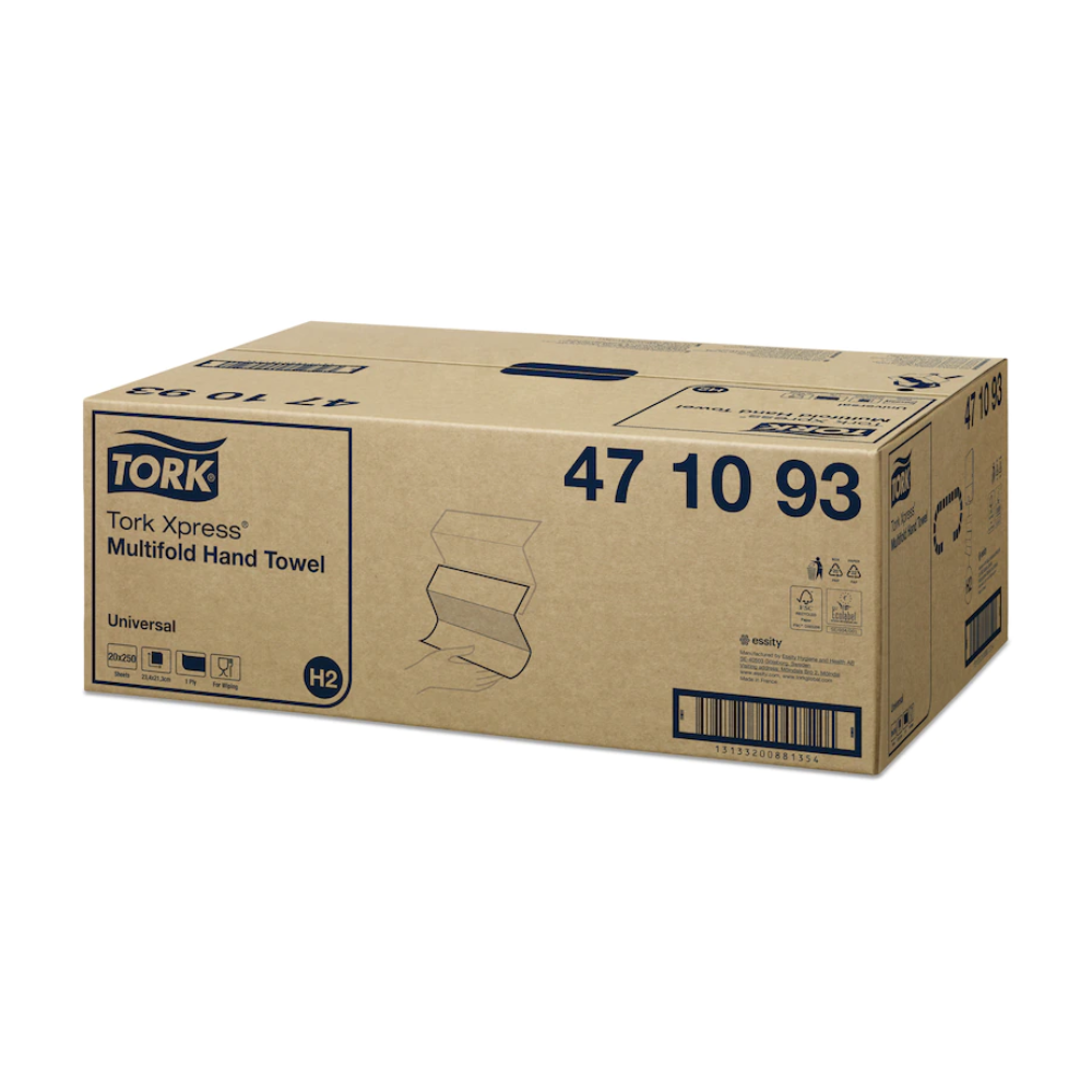 Απεικονίζεται ένα κουτί με Tork Xpress® 471093 Multifold-πετσέτες Universal H2 1-στρώσης από TORK – Essity Professional Hygiene Germany GmbH. Το κουτί είναι επισημασμένο με πληροφορίες προϊόντος όπως ο αριθμός άρθρου και φέρει εικόνες και σύμβολα του Universal H2 καθώς και ένα γραμμωτό κώδικα στο πλάι.