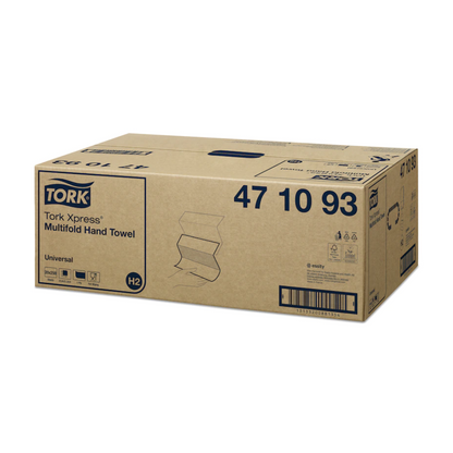 Απεικονίζεται ένα κουτί με Tork Xpress® 471093 Multifold-πετσέτες Universal H2 1-στρώσης από TORK – Essity Professional Hygiene Germany GmbH. Το κουτί είναι επισημασμένο με πληροφορίες προϊόντος όπως ο αριθμός άρθρου και φέρει εικόνες και σύμβολα του Universal H2 καθώς και ένα γραμμωτό κώδικα στο πλάι.