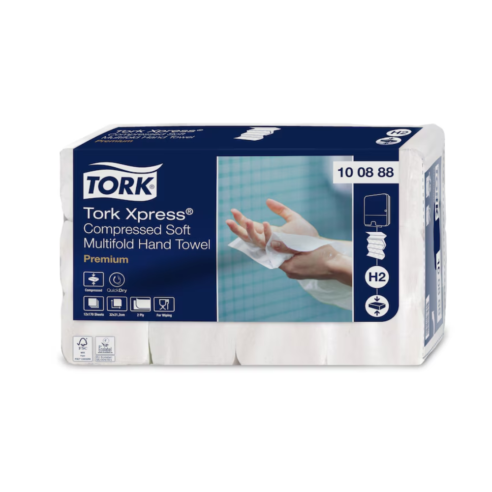 Μια συσκευασία Tork Xpress® Συμπιεσμένες Μαλακές Πολυδιπλωμένες Χαρτοπετσέτες Premium H2 2-στρώσεων, χαρακτηρισμένες ως Premium, από την TORK – Essity Professional Hygiene Germany GmbH. Η συσκευασία δείχνει την εικόνα ενός χεριού που κρατά μια χαρτοπετσέτα και τονίζει χαρακτηριστικά προϊόντος όπως υγιεινή, απορροφητικότητα και ατομική εξαγωγή φύλλων σε μπλε-λευκό σχέδιο.