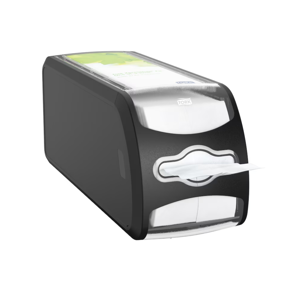 Η θήκη για χαρτοπετσέτες Tork Xpressnap Fit® 272901 από την TORK - Essity Professional Hygiene Germany GmbH είναι ένας μαύρος-ασημένιος, ορθογώνιος διανομέας που παρουσιάζει μια μερικώς εκτεθειμένη χαρτοπετσέτα. Η κορυφή διαθέτει ένα διαφανές τμήμα που δείχνει ένα πράσινο-λευκό σχέδιο ή ετικέτα.