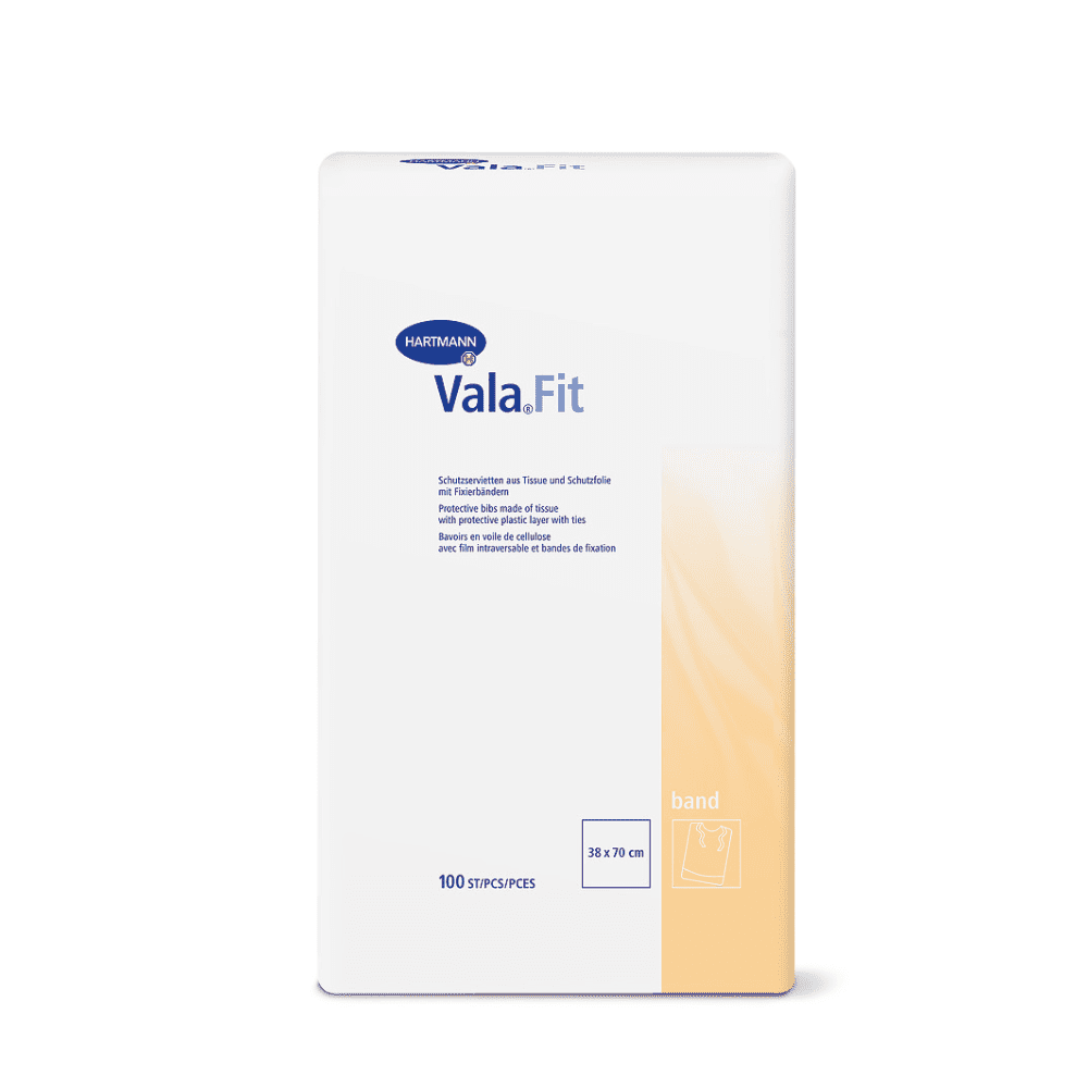 Ένα κουτί Vala® Fit προστατευτικά ρούχων μιας χρήσης από την Paul Hartmann AG με καθαρό σχεδιασμό σε μπλε και λευκό. Το κουτί περιέχει την ένδειξη «100 λωρίδες/κομμάτια» και μια εικόνα ενός επιδέσμου σε χέρι.