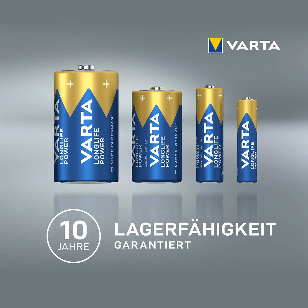Τέσσερις μπαταρίες Varta Longlife Power Micro AAA 4903 LR03, ταξινομημένες από τη μεγαλύτερη στη μικρότερη, με την εκτύπωση «Εγγυημένη διάρκεια αποθήκευσης 10 ετών».