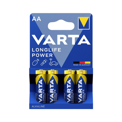 Ένα πακέτο των 4 μπαταριών Varta Longlife Power 4906 AA LR6 της Varta AG σε μπλε και κίτρινη φιλμ συσκευασία - "Κατασκευασμένο στη Γερμανία" - με σύμβολα για τηλεχειριστήρια, αυτοκίνητα και παιχνίδια· ιδανικό για συσκευές με υψηλή κατανάλωση ενέργειας.