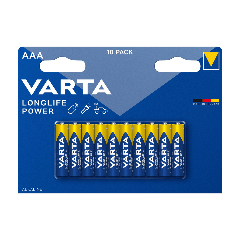 Μια συσκευασία 10 τεμαχίων Varta AG Longlife Power Micro AAA μπαταρίες, παρουσιασμένη σε μπλε-κίτρινη χάρτινη συσκευασία, επισημασμένη με τη μάρκα και το μέγεθος της μπαταρίας, σχεδιασμένη για υψηλή ενεργειακή ανάγκη.