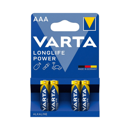 Συσκευασία της μπαταρίας Varta Longlife Power Micro AAA 4903 LR03 αλκαλικές μπαταρίες της Varta AG με τέσσερις οριζόντια στοιβαγμένες μπαταρίες, με την ένδειξη Made in Germany. Η συσκευασία είναι μπλε-λευκή με έντονη γραμματοσειρά.