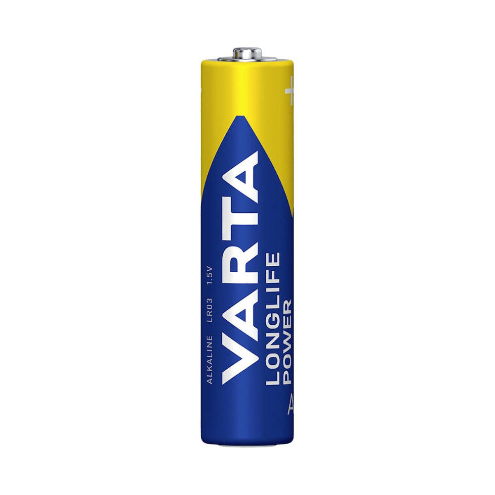 Μια μεμονωμένη μπαταρία Varta Longlife Power Micro AAA. Η μπαταρία είναι κυρίως μπλε με ένα μεγάλο μπλε τρίγωνο και κίτρινες πινελιές καθώς και το λογότυπο της μάρκας και τις λεπτομέρειες τύπου της Varta AG.
