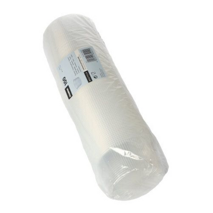 Ένας κύλινδρος από λευκό υαλοβάμβακα τυλιγμένος σε διαφανές πλαστικό με μια ετικέτα Starpak.