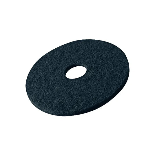 Die Vileda Professional DynaCross Superpads Bodenscheiben von Vileda GmbH sind schwarze, runde Bodenpolierpads mit einem Loch in der Mitte. Ihre strukturierte Oberfläche ist perfekt für die Bodenpflege geeignet und ermöglicht hervorragendes Polieren und Polieren mit Bodenreinigungsmaschinen.