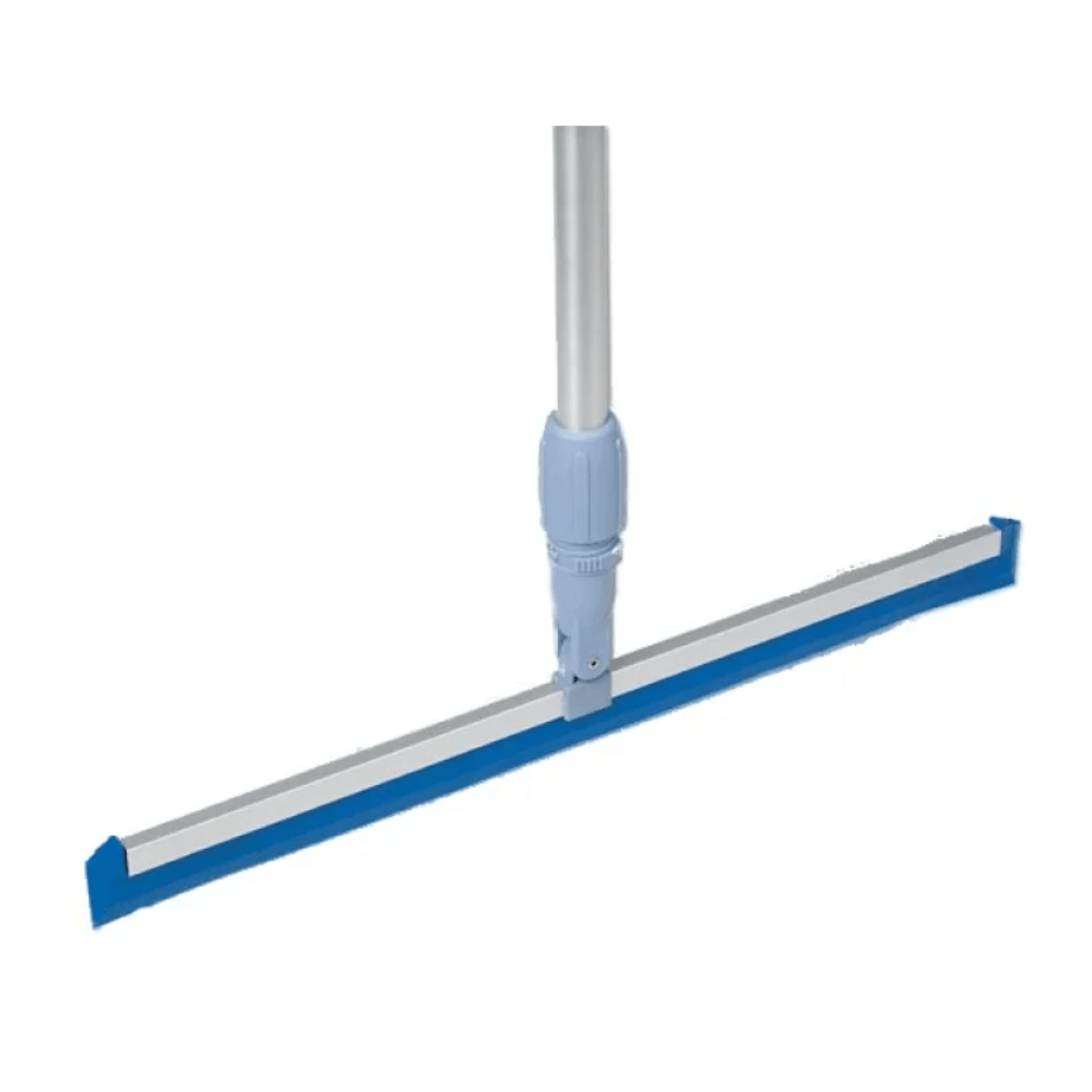 Ο Vileda Professional MultiSqueegee Wasserschieber - 50 c από την Vileda GmbH παρουσιάζεται με μια μακριά ασημί λαβή με άνετη ανοιχτόχρωμη μπλε λαβή και μια μπλε λαστιχένια λεπίδα. Αυτός ο αποξέστης, γνωστός τόσο ως Wasserschieber όσο και ως αποξέστης, είναι τοποθετημένος κάθετα μπροστά από ένα απλό φόντο.