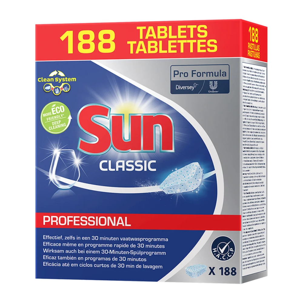 Ένα κουτί SUN Professional Classic Tabs, ταμπλέτες καθαρισμού πλυντηρίου πιάτων από τη Diversey Deutschland GmbH & Co. OHG, με 188 ταμπλέτες. Η συσκευασία δείχνει τα λογότυπα των Pro Formula και Diversey με πολυγλωσσικό κείμενο. Είναι σχεδιασμένη σε μπλε-λευκό χρωματικό σχήμα και τονίζει τη φιλική προς το περιβάλλον μάρκα καθώς και την προστασία γυαλιού για τα πιάτα σας.