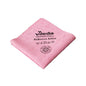 Das Vileda GmbH Professional PURmicro Active Microfasertuch ist ein rosa Reinigungstuch mit Recyclingsymbolen und Pflegehinweisen. Leicht gefaltet bietet es eine saubere, weiche Textur, perfekt für streifenfreie Reinigung.