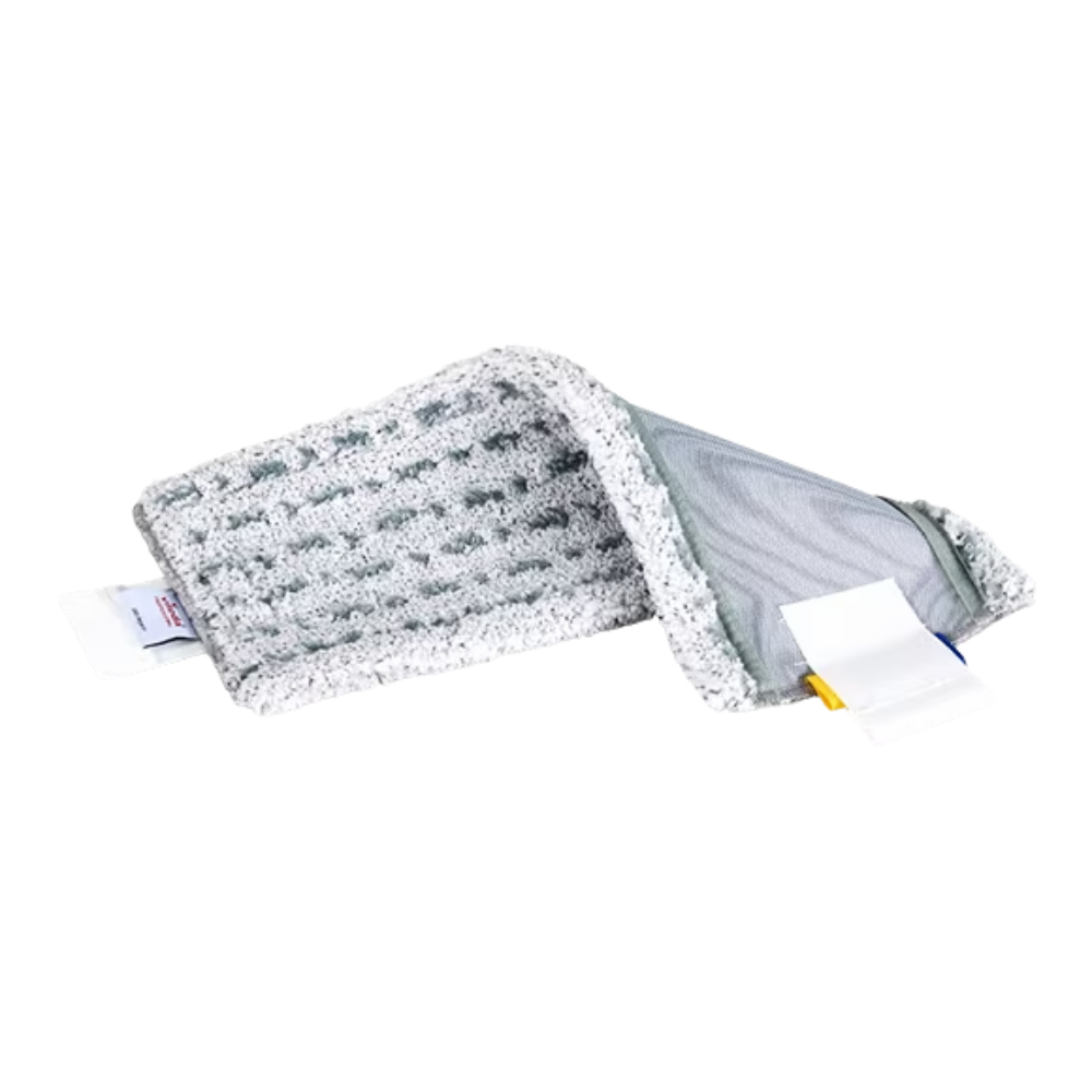 Ένα γκρι δομημένο πανί καθαρισμού, το Vileda Professional UltraSpeed MicroLite max - 40 cm από τη Vileda GmbH, είναι μερικώς διπλωμένο για να δείξει το εσωτερικό του στρώμα. Διαθέτει σε ένα άκρο ετικέτες με οδηγίες φροντίδας και πληροφορίες προϊόντος για εύκολη χρήση και φροντίδα.