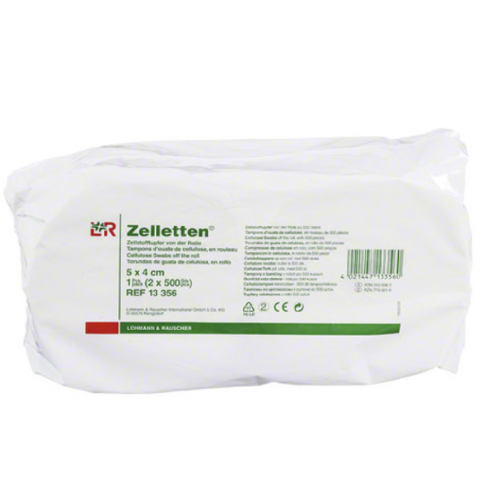 Η συσκευασία με τα ταμπόν Zelletten® από κυτταρίνη της Lohmann & Rauscher είναι ιδανική για ιατρικές εφαρμογές. Στην ετικέτα αναφέρονται το μέγεθος (5 x 4 εκ.), η ποσότητα (2 συσκευασίες των 500 τεμαχίων) και ο αριθμός αναφοράς (13 356). Η συσκευασία είναι κυρίως λευκή με πράσινο κείμενο.