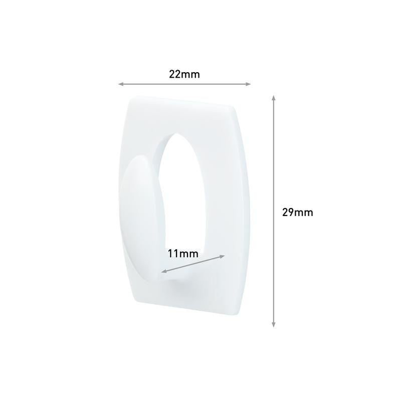 Ο Command™ Mini-Haken, 17006 από την 3M Deutschland GmbH, είναι ένας λευκός ορθογώνιος γάντζος (22x29mm) με στρογγυλεμένες άκρες και ένα εσωτερικό οβάλ 11mm. Βέλη δείχνουν τις διαστάσεις. Ιδανικός για ανάρτηση χωρίς τρύπημα και αφαιρείται χωρίς υπολείμματα.