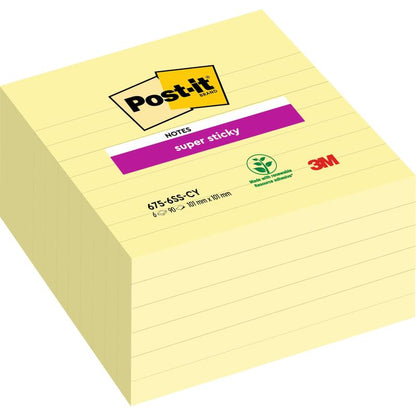 Μια στοίβα Post-it® Super Sticky Notes μεγάλου μεγέθους (101 mm x 101 mm, 90 φύλλα/μπλοκ, 100% PEFC) της 3M Deutschland GmbH, με κίτρινα γραμμωτά φύλλα και λογότυπα.