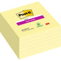 Ein Stapel Post-it® Super Sticky Notes im Großformat (101 mm x 101 mm, 90 Blatt/Block, 100% PEFC) der 3M Deutschland GmbH, mit gelben linierten Blättern und Logos.