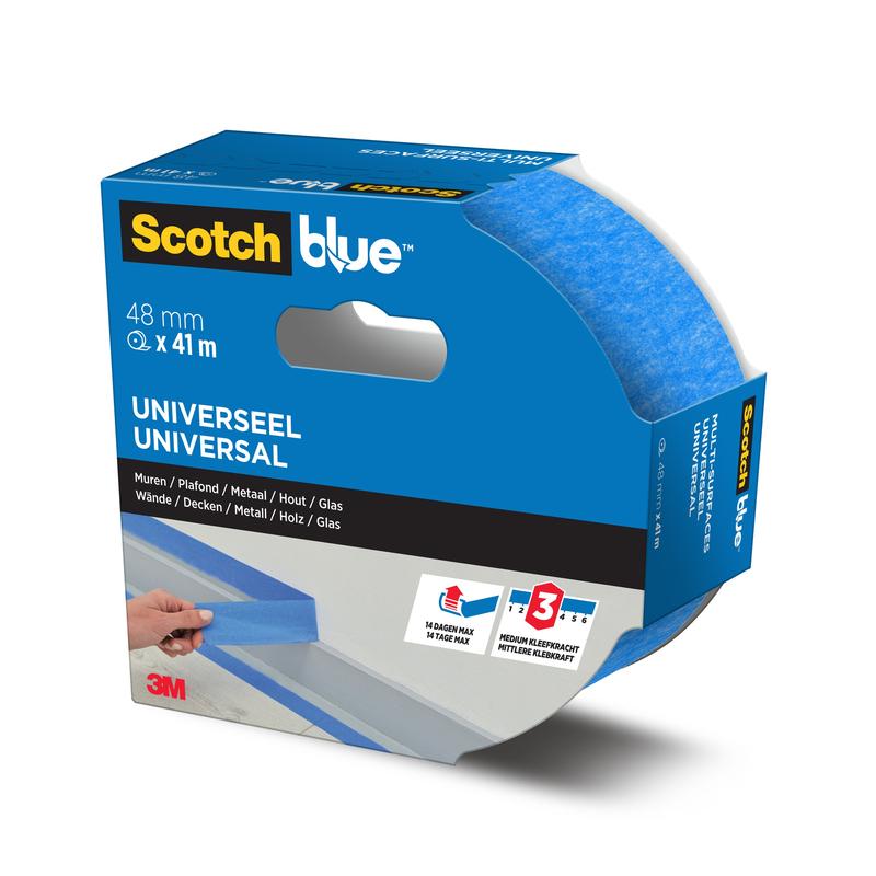Ένας ρόλος ταινίας κάλυψης ζωγράφων ScotchBlue™ "Multi-Surface" από την 3M Deutschland GmbH σε μπλε, 48 mm x 41 m, παραδίδεται σε μπλε-λευκό κουτί με πολυγλωσσική ετικέτα και ένα άνοιγμα που δείχνει την ταινία.
