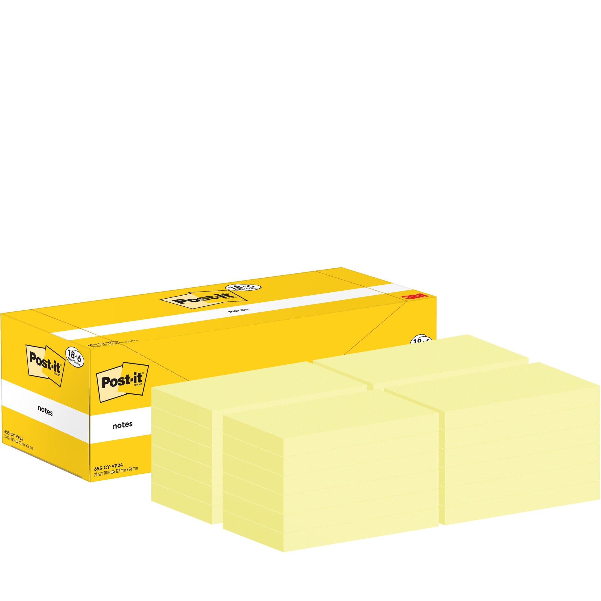 Ein gelber Karton mit der Aufschrift "Post-it® Notes, 76 x 127 mm, 100 Blatt/Block" der 3M Deutschland GmbH steht neben mehreren Stapeln gelber Haftnotizen. Die Packung enthält 18 Blöcke plus 6 kostenlose, PEFC-zertifizierte.