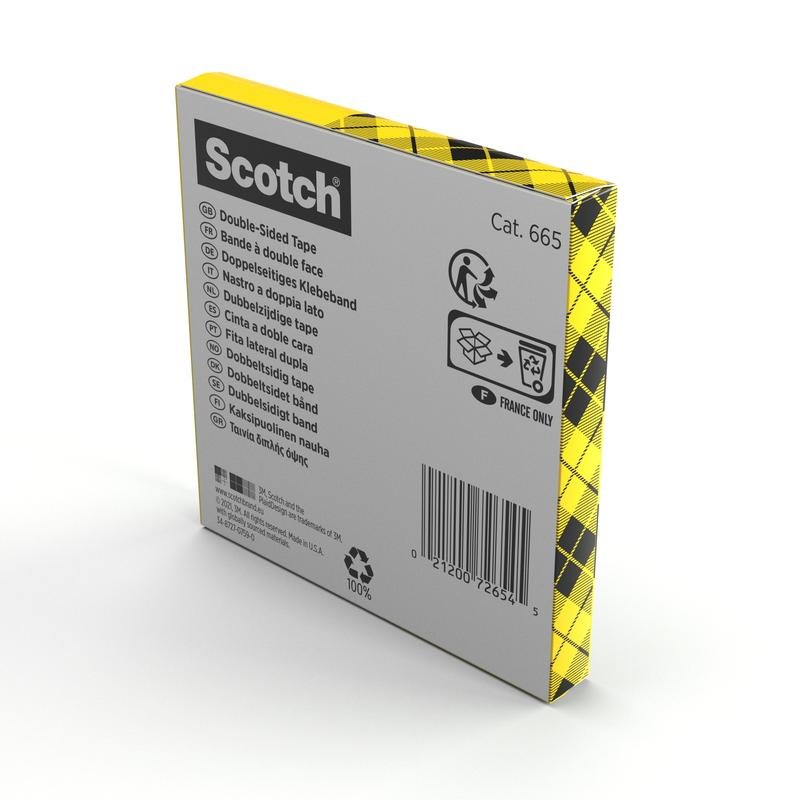 Μια συσκευασία της 3M Deutschland GmbH Scotch® διπλής όψης ταινία (1 ρολό, 12 mm x 33 m) δείχνει στο πίσω μέρος πολυγλωσσικές πληροφορίες, γραμμωτό κώδικα και σύμβολα ανακύκλωσης. Η συσκευασία έχει ένα κίτρινο-μαύρο καρό σχέδιο.