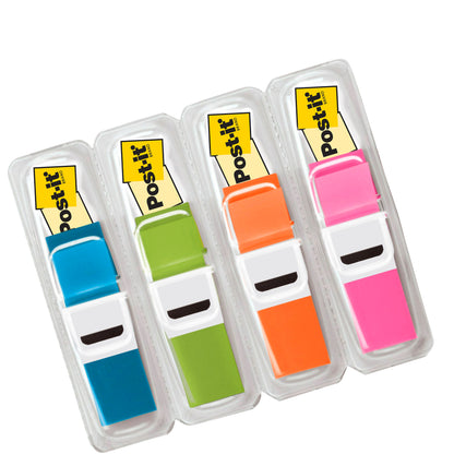 Vier Packungen 3M Deutschland GmbH Post-it® Index Haftstreifen Mini, transluzente Farben (blau, grün, orange, pink), je 11,9 x 43,2 mm und 35 Streifen pro Spender. Ideal zum Markieren und Organisieren.