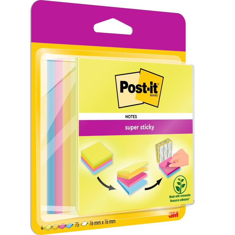 Ο κύβος Post-it® Super Sticky Easy Select της 3M Deutschland GmbH περιλαμβάνει τέσσερα μπλοκ σε διαφορετικά χρώματα στο μέγεθος 76 x 76 mm με 75 φύλλα το καθένα, κατασκευασμένα από 100% PEFC-πιστοποιημένο χαρτί (SGSCH-PEFC-COC-110078).