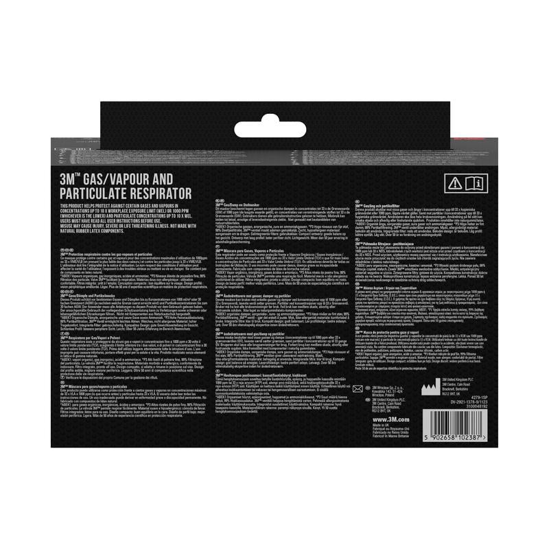 Το πίσω μέρος της μάσκας αναπνοής 3M™ με ενσωματωμένα φίλτρα από την 3M Deutschland GmbH περιέχει πληροφορίες προϊόντος, οδηγίες και προειδοποιήσεις σε πολλές γλώσσες σε μαύρο φόντο με λευκά γράμματα καθώς και έναν γραμμωτό κώδικα κάτω δεξιά.