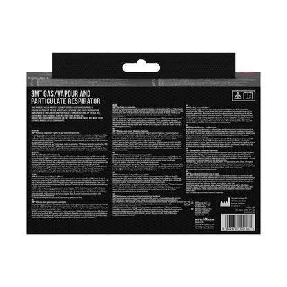 Το πίσω μέρος της μάσκας αναπνοής 3M™ με ενσωματωμένα φίλτρα από την 3M Deutschland GmbH περιέχει πληροφορίες προϊόντος, οδηγίες και προειδοποιήσεις σε πολλές γλώσσες σε μαύρο φόντο με λευκά γράμματα καθώς και έναν γραμμωτό κώδικα κάτω δεξιά.