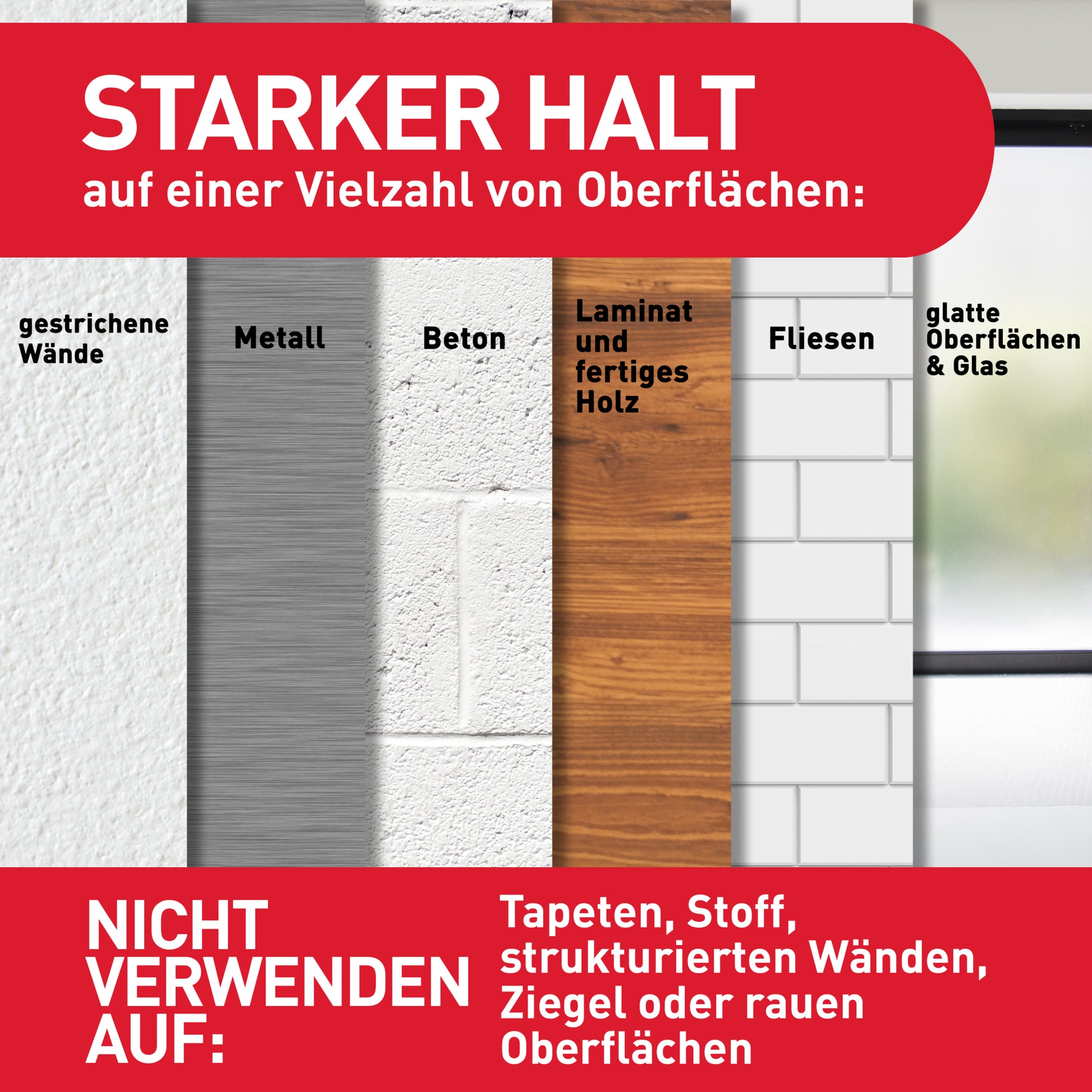 Eine Tabelle zeigt, wo Command™ Medium Designer-Haken, 17081-FGN von 3M Deutschland GmbH funktioniert: gestrichene Wände, Metall, Beton, Laminat/fertiges Holz, Fliesen, glatte Oberflächen und Glas. Nicht auf Tapeten, Stoff, strukturierten Wänden, Ziegeln oder rauen Oberflächen verwenden.