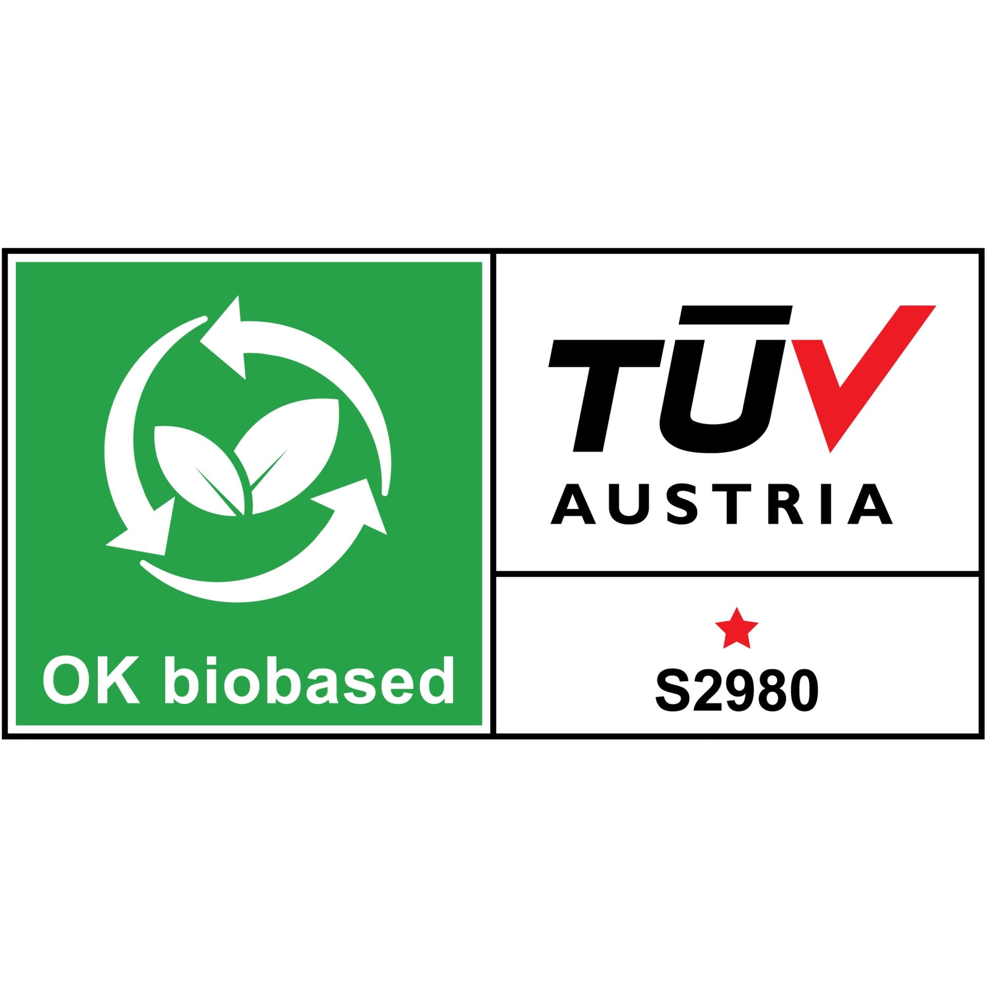 Ein Zertifizierungsetikett für den Scotch™ Tischabroller im Hunde Design C31 + Scotch® Magic™ Klebeband der 3M Deutschland GmbH zeigt grüne Blätter mit kreisförmigen weißen Pfeilen mit der Aufschrift "OK biobased" sowie eine weiße TÜV AUSTRIA-Fläche mit "S2980" und einem roten Stern.