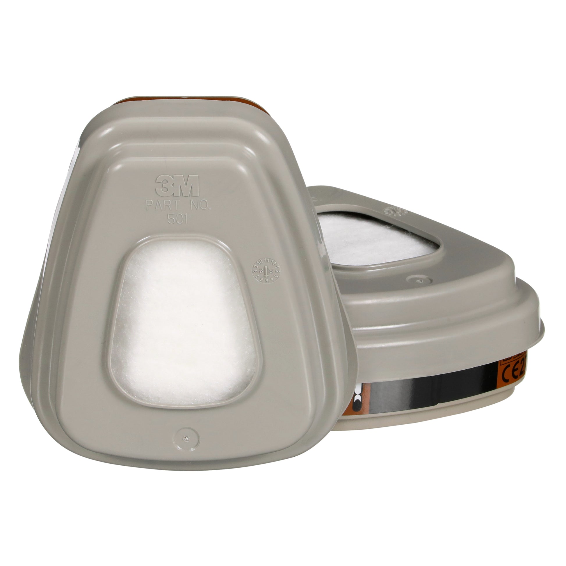 Zwei 3M™ Filtersatz 6003-1 A2P3 Atemschutzfilterpatronen (2x6055, 2x5935, 2x501) der 3M Deutschland GmbH sind auf weißem Hintergrund abgebildet - eine aufrecht, eine flach. In der Mitte jeder Patrone ist weißes Filtermaterial sichtbar.