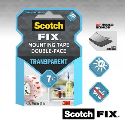 Η διάφανη διπλής όψης ταινία Scotch-FIX™ 4910C της 3M Deutschland GmbH αντέχει έως και 7 κιλά, έχει διαστάσεις 19 mm x 1,5 m και στη συσκευασία φέρει σύμβολα για αντοχή στην υπεριώδη ακτινοβολία, προηγμένη τεχνολογία 3M και ισχυρή κολλητικότητα.