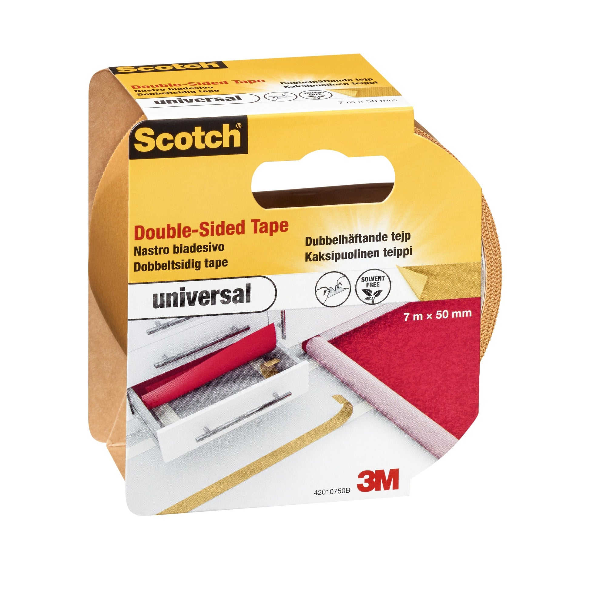Eine 7 m x 50 mm große Rolle Scotch® doppelseitiges Klebeband UNIVERSAL von 3M Deutschland GmbH, in einer Packung mit gelber, roter und weißer Beschriftung, geeignet für Anwendungen im Haushalt.