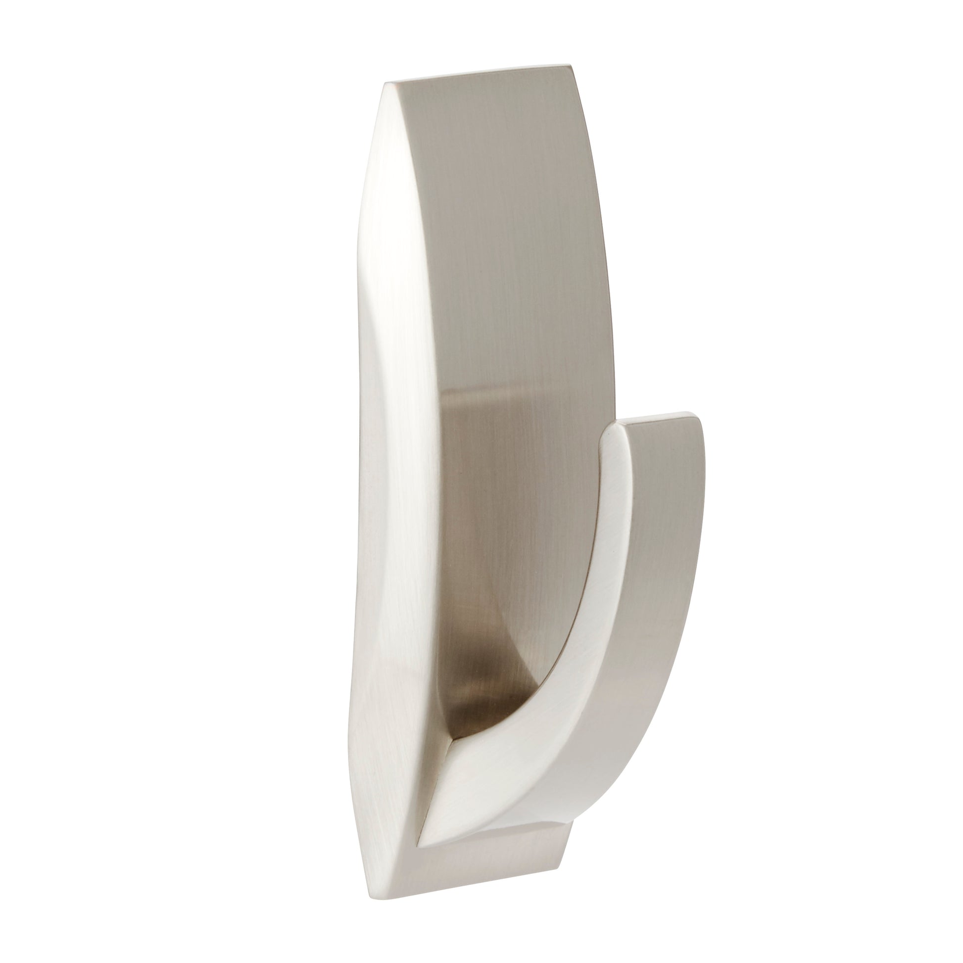 Der Command™ Bad Metallhaken "Modern Reflection" von 3M Deutschland GmbH zeichnet sich durch ein modernes, geschwungenes Design in gebürstetem Nickel mit mattem Finish aus, das vor einem schlichten weißen Hintergrund gezeigt wird.