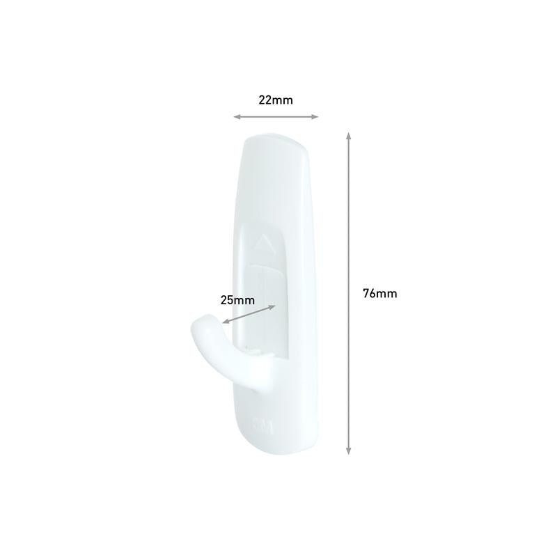 Ένας μεσαίου μεγέθους Command™ Γάντζος πολλαπλών χρήσεων M σε πακέτο πλεονεκτήματος (17001-2) της 3M Deutschland GmbH σε Λευκό, 76 x 22 mm με μήκος γάντζου 25 mm, προσφέρει στερέωση χωρίς ζημιές. Ορατός μπροστά σε λευκό φόντο.