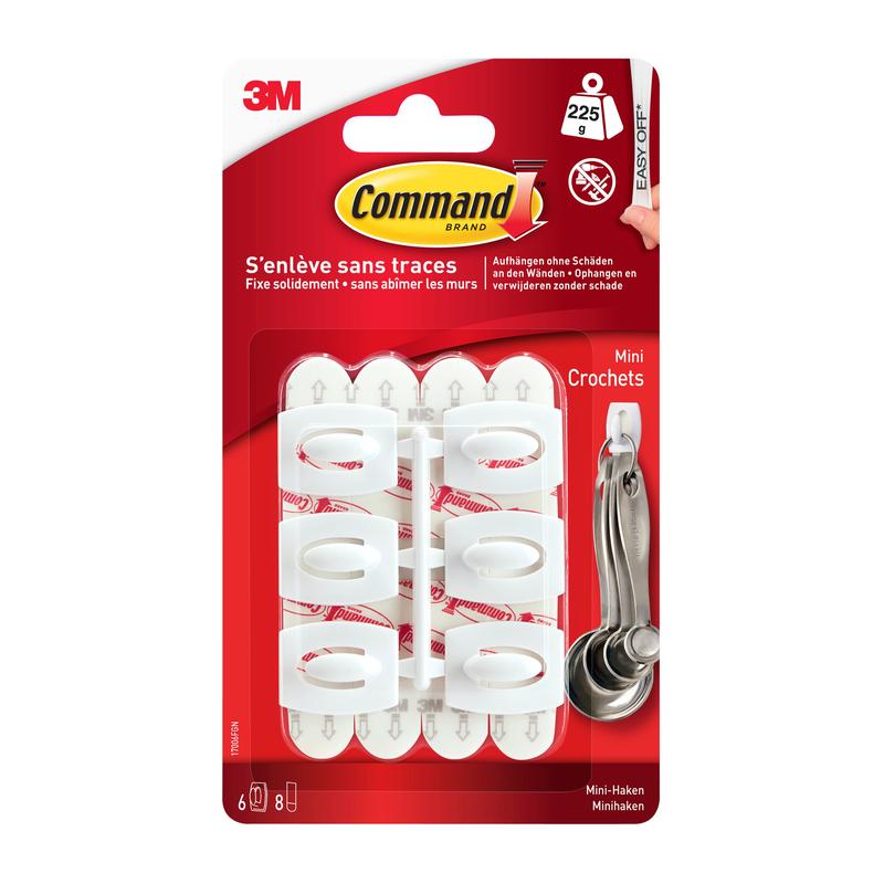 Ο Command™ Mini-Haken, 17006 από την 3M Deutschland GmbH περιέχει έξι λευκούς γάντζους με κολλητικές ταινίες για ανάρτηση χωρίς ζημιές και χωρίς τρύπημα. Αφαιρείται χωρίς υπολείμματα· παραδίδεται σε κόκκινη-λευκή συσκευασία.