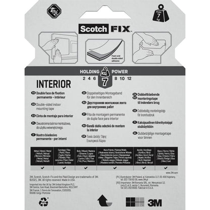 Η συσκευασία της ταινίας διπλής όψης εσωτερικής τοποθέτησης Scotch-FIX™ της 3M Deutschland GmbH δείχνει πολυγλωσσικό κείμενο, εικόνες εφαρμογών και σύμβολα που δείχνουν ότι η ταινία μπορεί να αντέξει έως 7 κιλά.