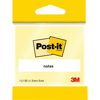Eine gelbe Packung Post-it® Notes, 76 x 76 mm, 100 Blatt pro Block, von 3M Deutschland GmbH. Oben ist das Post-it Logo abgebildet, darunter "notes" und unten rechts das 3M Logo. Hergestellt aus 100% PEFC-zertifiziertem Papier.