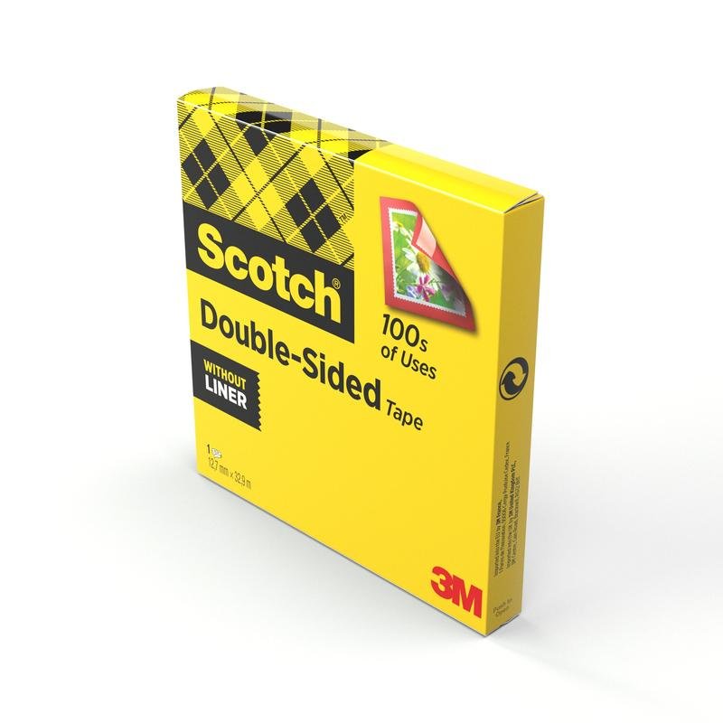 Ένα κίτρινο κουτί Scotch® διπλής όψης ταινία (1 ρολό, 12 mm x 33 m) της 3M Deutschland GmbH είναι διακοσμημένο με μαύρη γραφή, καρό σχέδιο, μια εικονογράφηση τοποθέτησης και τις ενδείξεις "100s of Uses" και "Without Liner".