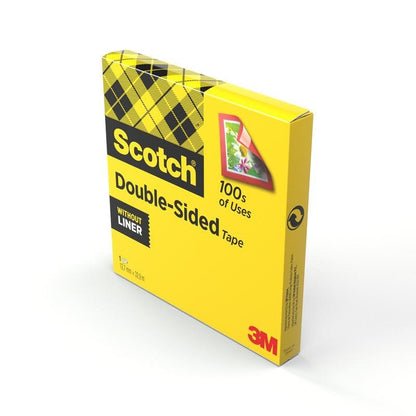Ένα κίτρινο κουτί Scotch® διπλής όψης ταινία (1 ρολό, 12 mm x 33 m) της 3M Deutschland GmbH είναι διακοσμημένο με μαύρη γραφή, καρό σχέδιο, μια εικονογράφηση τοποθέτησης και τις ενδείξεις "100s of Uses" και "Without Liner".