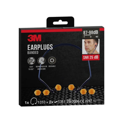 Απεικονίζεται ένα κουτί προστασίας ακοής με βραχίονα 3M™ 1310 + 2 ζεύγη εφεδρικών ωτοασπίδων (SNR 24-25 dB, πορτοκαλί) της 3M Deutschland GmbH με τη φωτογραφία ενός χρήστη και πληροφορίες για τη μείωση θορύβου (87-98 dB) στη συσκευασία.